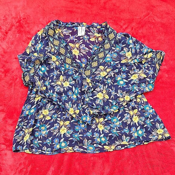 ANTHROPOLOGIE - Meadow Rue Strasser Boho navy blue floral embroidered blouse - Picture 8 of 11